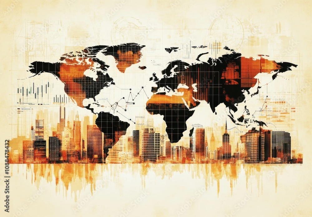 Poster world map illustration with urban skyline and abstract data visualization elements in warm color ton