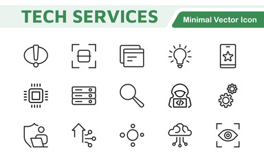 Technology and Development Icon Set. Modern and innovative icons tailored for tech apps and projects, perfect for showcasing development tools, software solutions, and cutting-edge technologies.