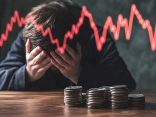 Young man sitting at a table struggling with financial problems as he faces a declining graph and a stack of coins symbolizing economic stress and anxiety
