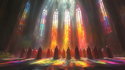 Naklejka premium A choir singing with solemn expressions, illuminated by the vibrant reflections of stained glass, sunlight filtering in, creating soft, colorful beams across the stone floor, detailed robes,