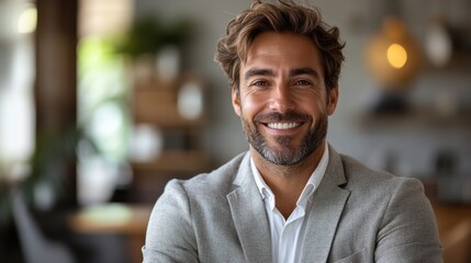 Fototapeta premium Businessman smiling and pointing confidently at a blank white background.