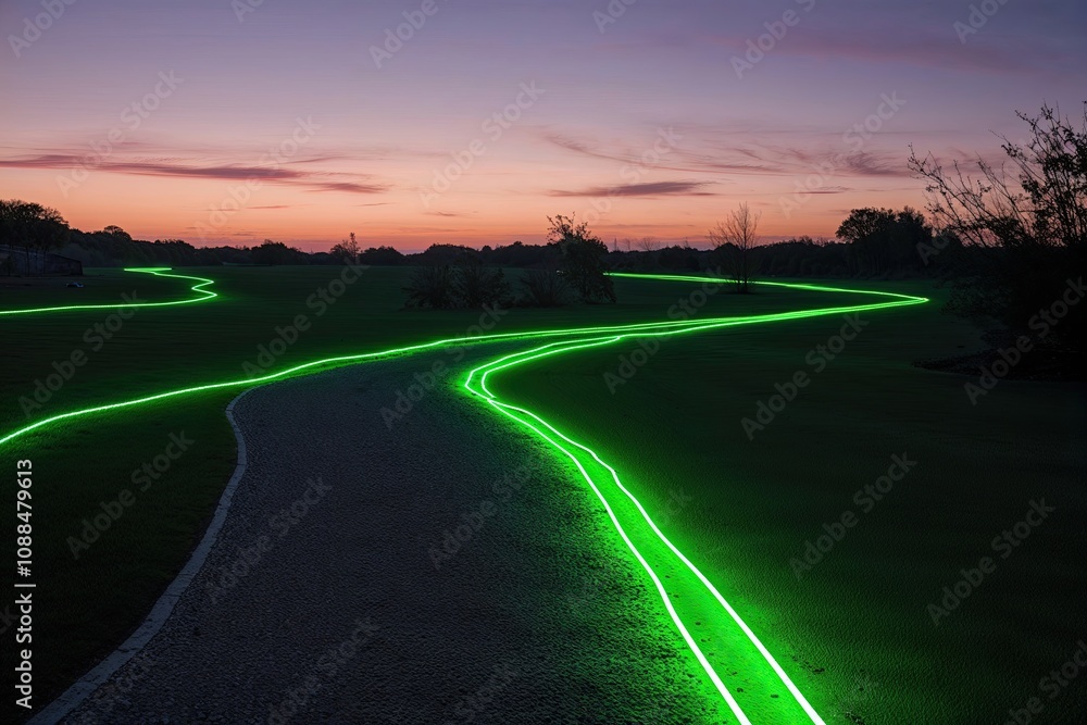 Poster illuminating green neon trails creating a dynamic pathway