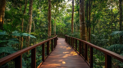 Wooden Path Through Lush Green Forest