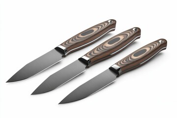 Fototapeta premium Three wooden-handled knives on white background.
