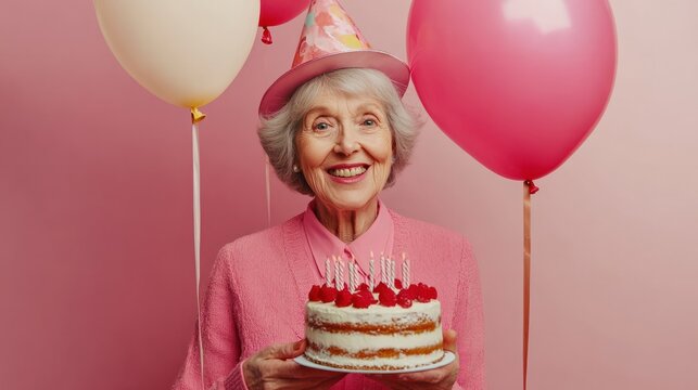 Portrait of positive grey haired woman celebrates 102nd birthday gets congratulations and present holds tasty cake and inflated balloon has happy mood wears elegant clothes. Age and holidays concept