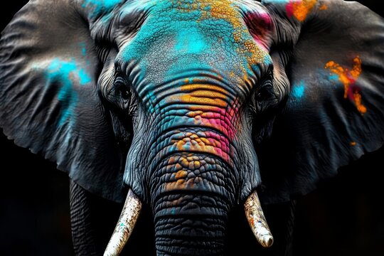 A vibrant portrait of an elephant showcasing its face adorned with colorful paint.
