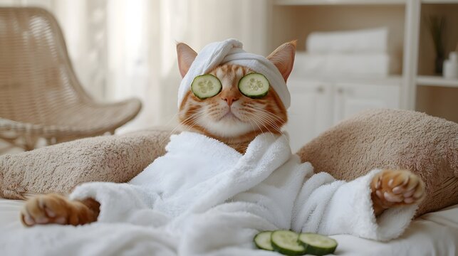 Relaxing cat spa day home animal photo cozy indoor close-up self-care concept