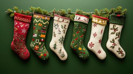 Six Christmas stockings adorned with festive designs hang against a dark green background.