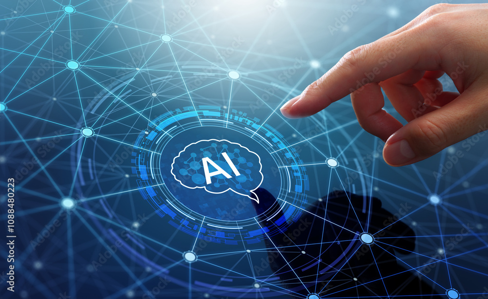 Poster Neural network and machine learning of AI artificial intelligence. Man touching brain and AI icon.