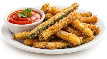 A plate of crispy zucchini fries served with marinara sauce, Each fry coated in seasoned breadcrumbs and fried to golden perfection