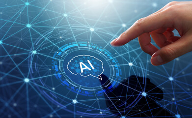 Neural network and machine learning of AI artificial intelligence. Man touching brain and AI icon.