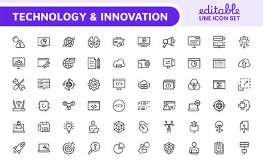 Technology and Development Icon Set. Modern and innovative icons tailored for tech apps and projects, perfect for showcasing development tools, software solutions, and cutting-edge technologies.
