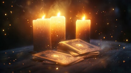 Tarot cards on a fortune tellers table used to predict the future, divination and esotericism