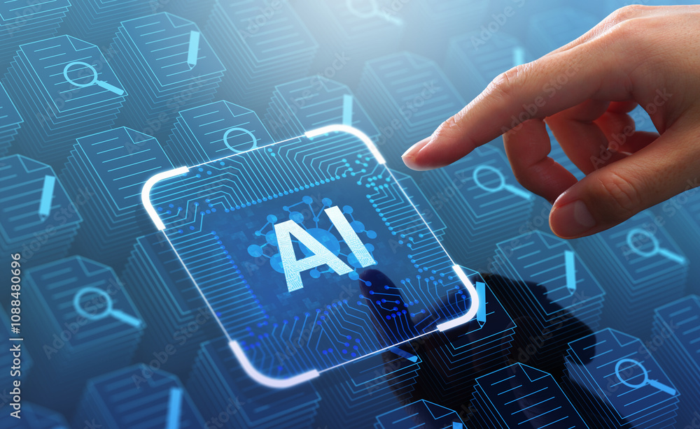 Poster Generative AI artificial intelligence generate text document and abstract papers. Man touching AI icon on electronic circuit board.