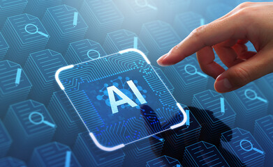 Generative AI artificial intelligence generate text document and abstract papers. Man touching AI icon on electronic circuit board.