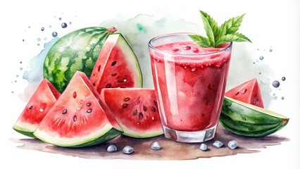 Refreshing Summer Watermelon Smoothie - Hand Drawn Watercolor Illustration of a Juicy Drink with Ice