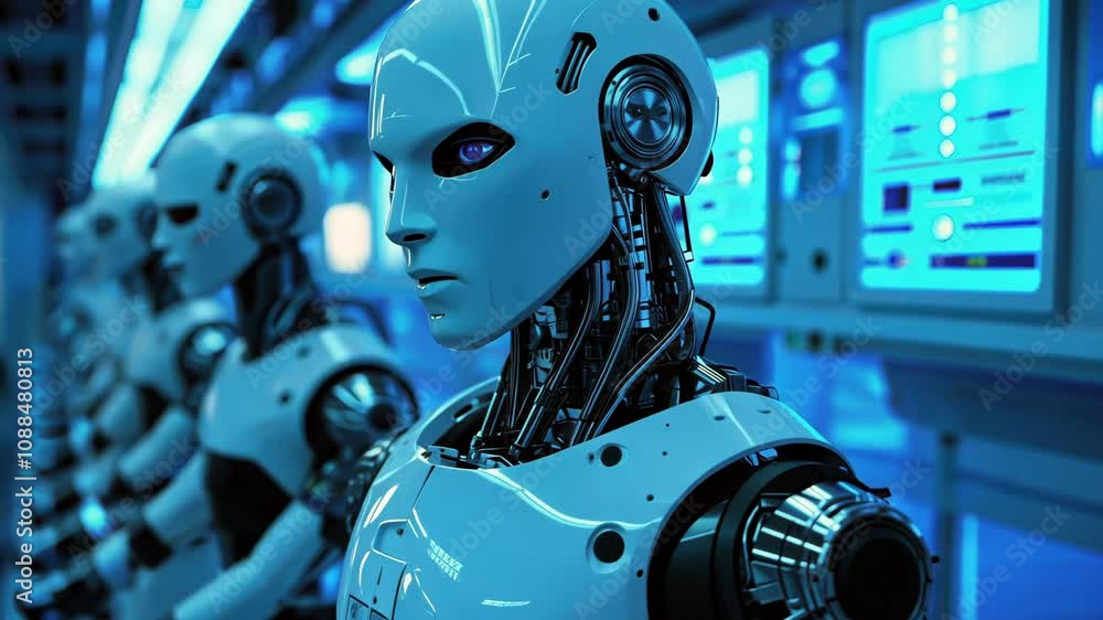 Poster in a futuristic setting, humanoid robots are showcased in an advanced robotics facility. these robot