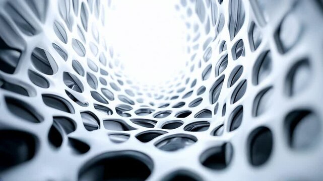 A modern, abstract architectural design featuring a tunnel-like structure with intricate, interwoven patterns and a bright light at the end.