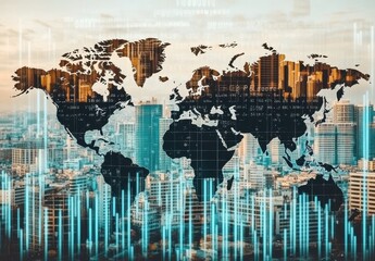 Abstract global map overlay on urban cityscape with skyscrapers, financial data, and growing bar charts representing economic growth and globalization in a modern setting