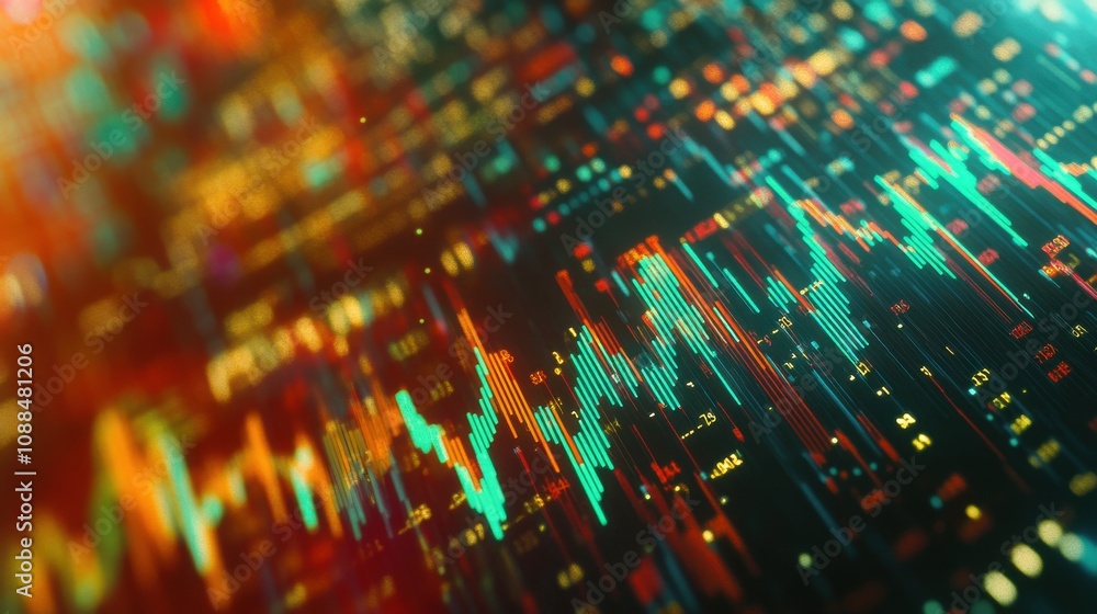 Poster abstract representation of financial data with colorful charts and graphs showcasing trends and fluc