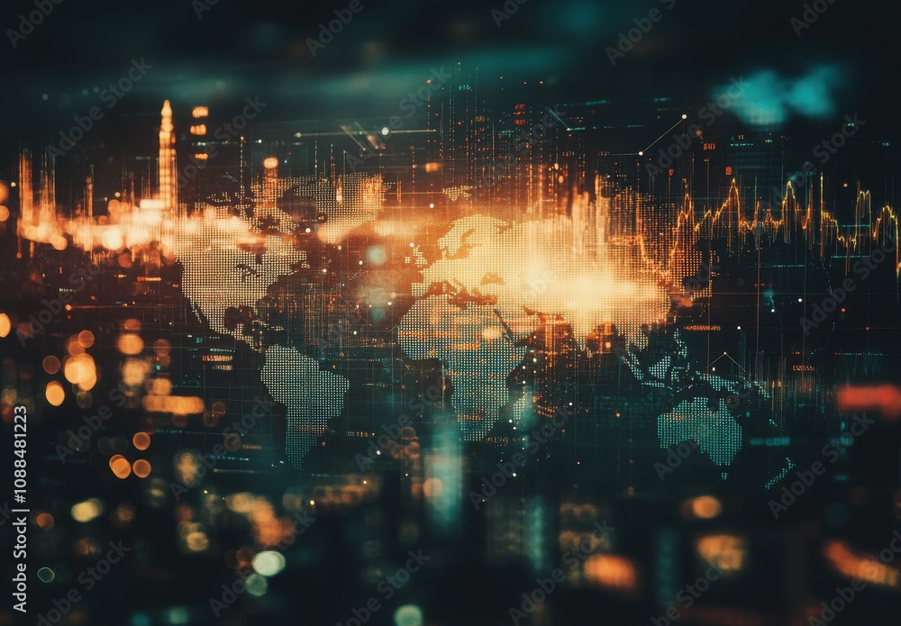Poster abstract representation of a global network with illuminated world map overlaid with data visualizat