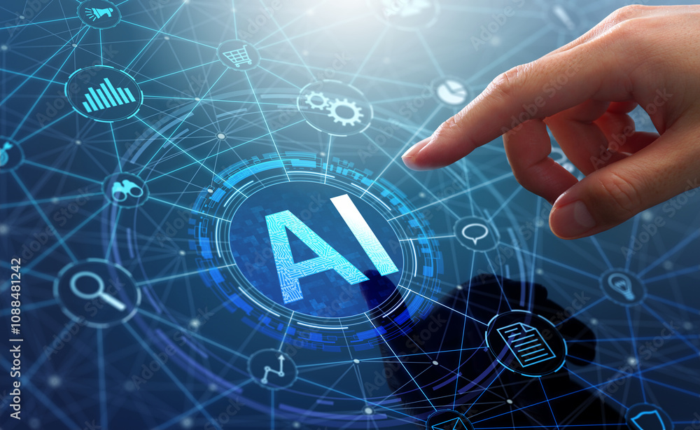 Poster AI business and generative artificial intelligence. Data analysis and robotic processes automation. Businessman touching AI icon on application network system.