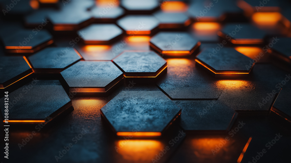 Poster a close up of a black and orange hexagonal pattern. the pattern is made up of many small hexagons, a