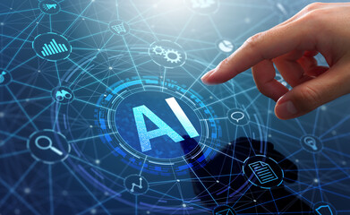 AI business and generative artificial intelligence. Data analysis and robotic processes automation. Businessman touching AI icon on application network system.
