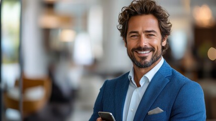 Fototapeta premium Businessman in a blue suit holding a phone, smiling, isolated on a white background.