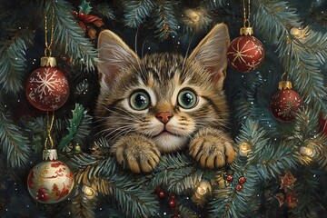 "Curious Cat Embracing Holiday Cheer Amid a Festive Christmas Tree Scene &ndash; A Whimsical Celebration of Feline Fun"