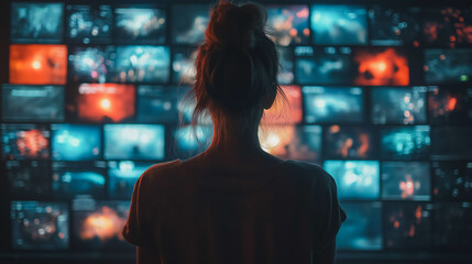 A woman is looking at a computer monitor with many screens. The screens are all different colors and sizes, and the woman is looking at the one in the middle