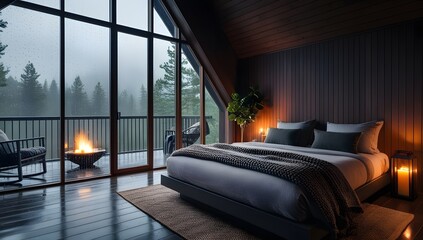 Fototapeta premium Peaceful A-Frame Bedroom Escape in Nature's Embrace
