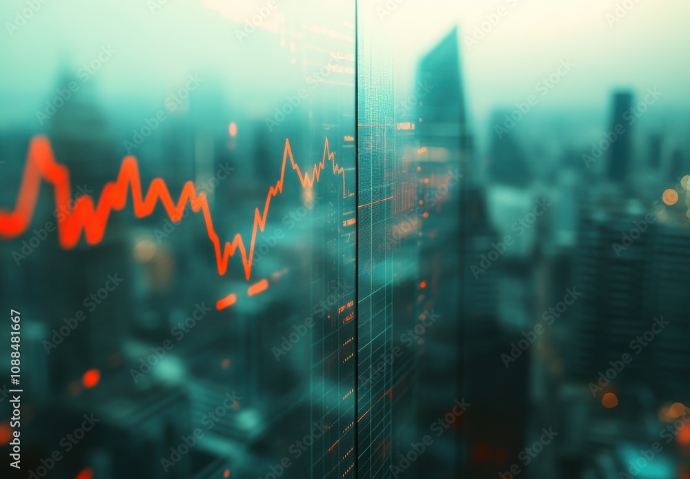 Poster abstract view of stock market analysis with emerging red graph lines on glass surface reflecting cit