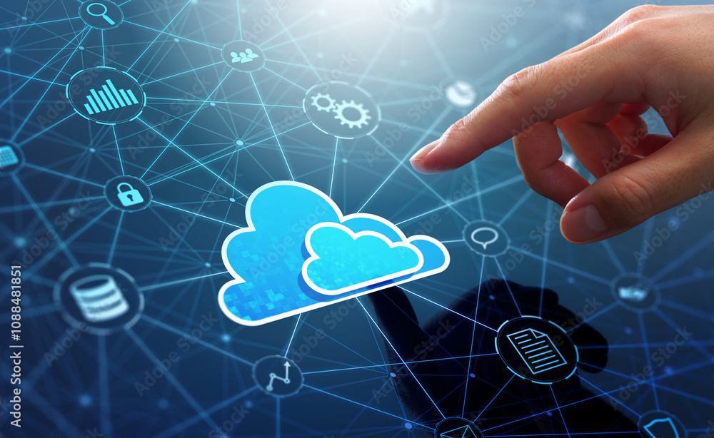 Poster Cloud computing and SaaS technology. Transfer of data between application. Businessman touching cloud icon on network connection.