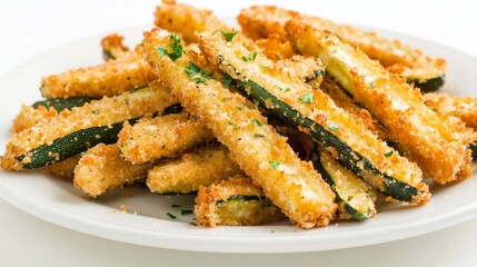 A plate of crispy zucchini fries with golden-brown breaded zucchini sticks, Each fry&rsquo;s crunchy exterior and tender interior captured with precision