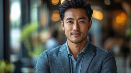 Obraz premium Asian businessman standing confidently in a bright office setting.