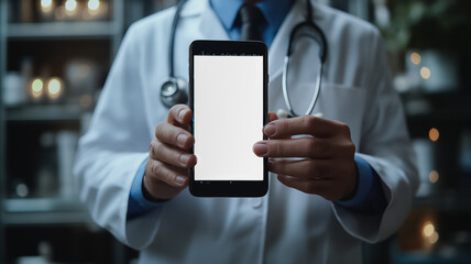 A doctor holding a cell phone with a white screen. The doctor is wearing a white lab coat and a blue tie