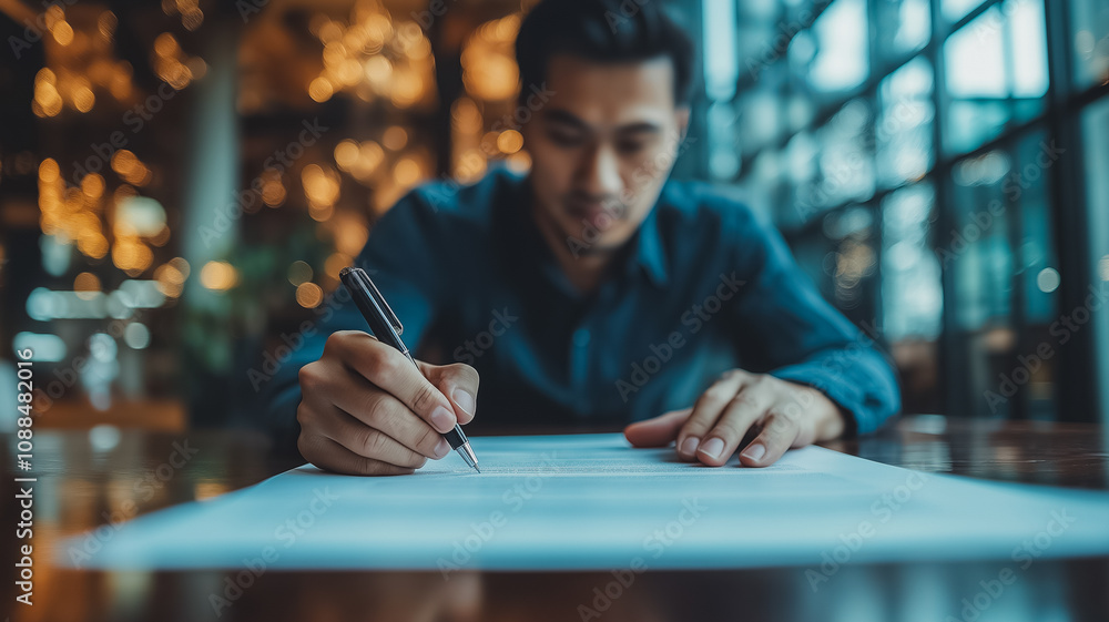 Aufkleber a man is writing on a piece of paper with a pen. he is focused on his writing and he is in a serious