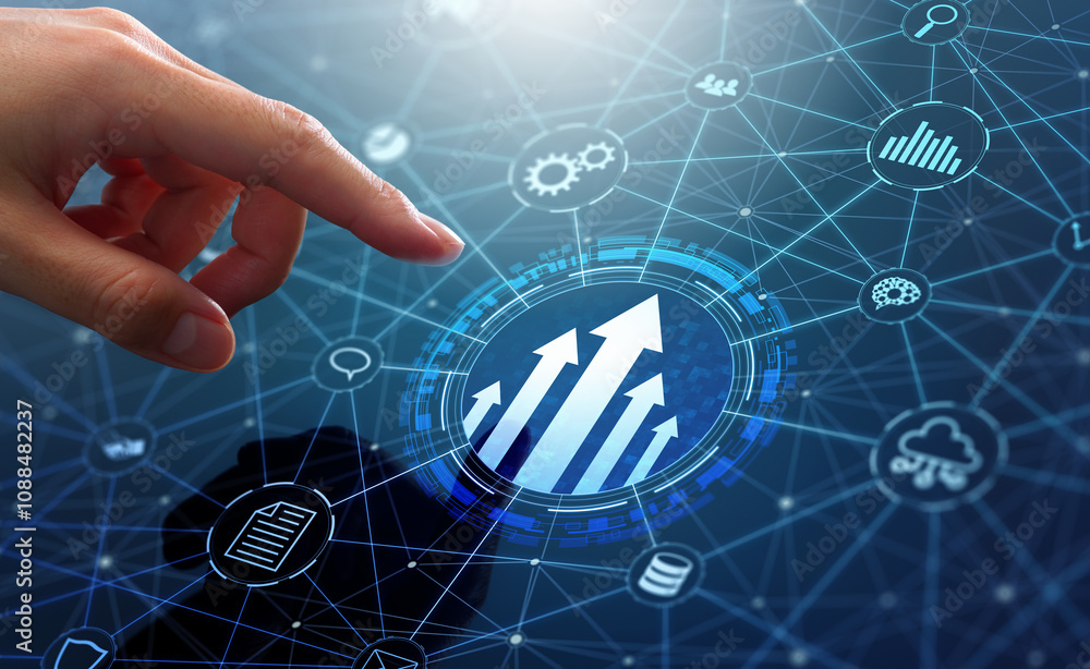 Poster Integration technology of business data. Connecting network between application, database, system and cloud. Engineer touching up arrows on network structure.