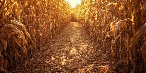 Autumn corn maze pathway surrounded by tall corn creates a picturesque scene, inviting exploration through the vibrant corn maze in the heart of the season s beauty.