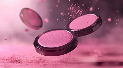 Cheek blush and Makeup brushes on studio background,colorful texture and pink powder explosion on the background,cosmetic banner concept,pouch,eyeshadow palette, and powder compacts.