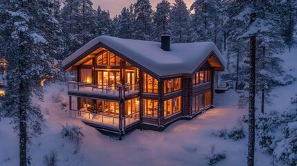 Modern Scandinavian cabin in the woods, cozy interior lighting, surrounded by snow 