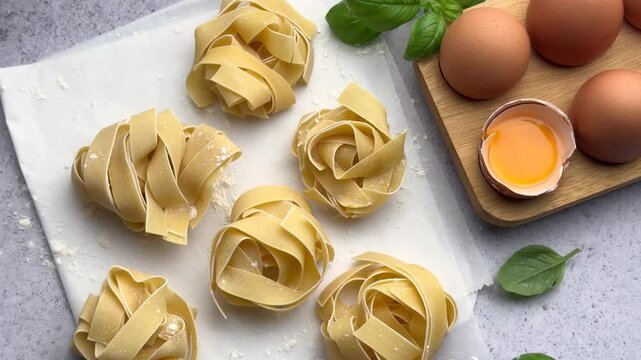 Chef arranging pasta nests on floured surface