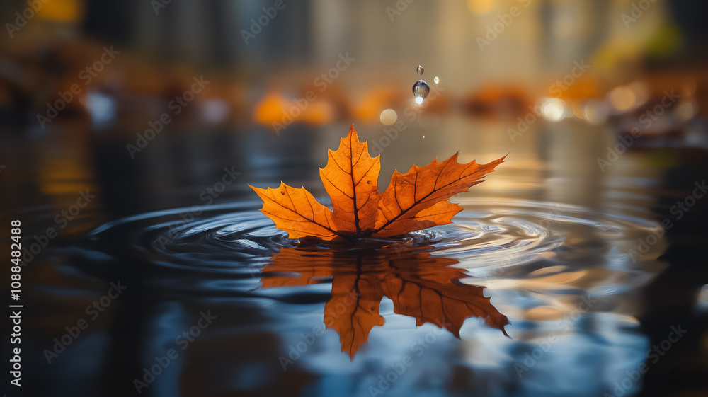 Poster a leaf is floating on the surface of a body of water. the water is calm and the leaf is the only thi
