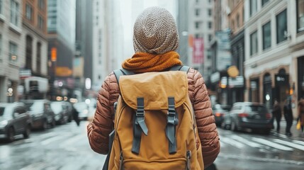 Fashionable girl in stylish hijab walking through bustling city street