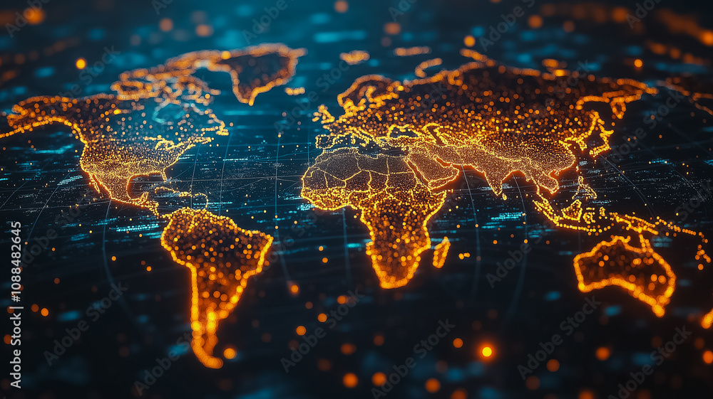 Canvas Prints a globe with a glowing map of the world. the globe is lit up with a warm, orange glow
