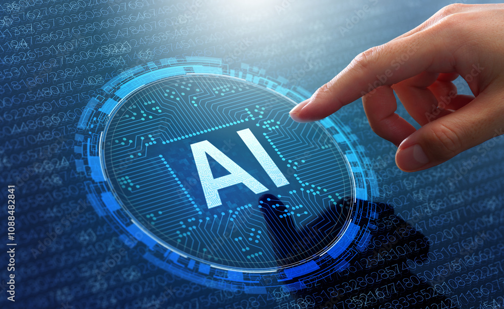 Poster AI generative artificial intelligence and big data analysis. Machine learning and processing big data. Analyst touching AI icon.