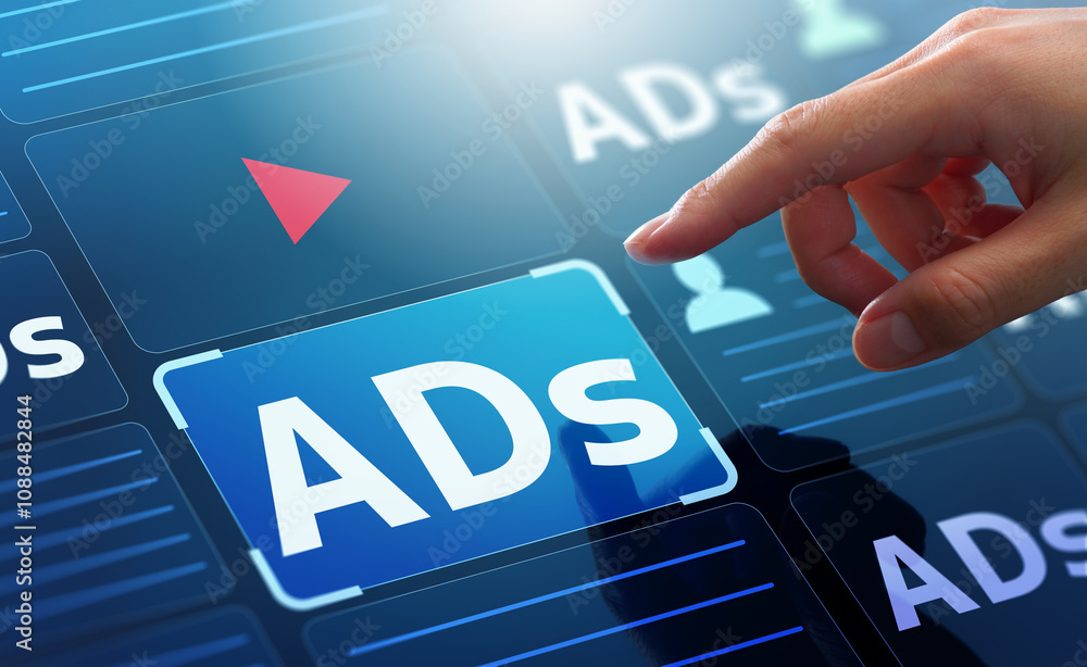 Poster digital advertising and online ad concept. hand touching and tapping banner advertisement on social 
