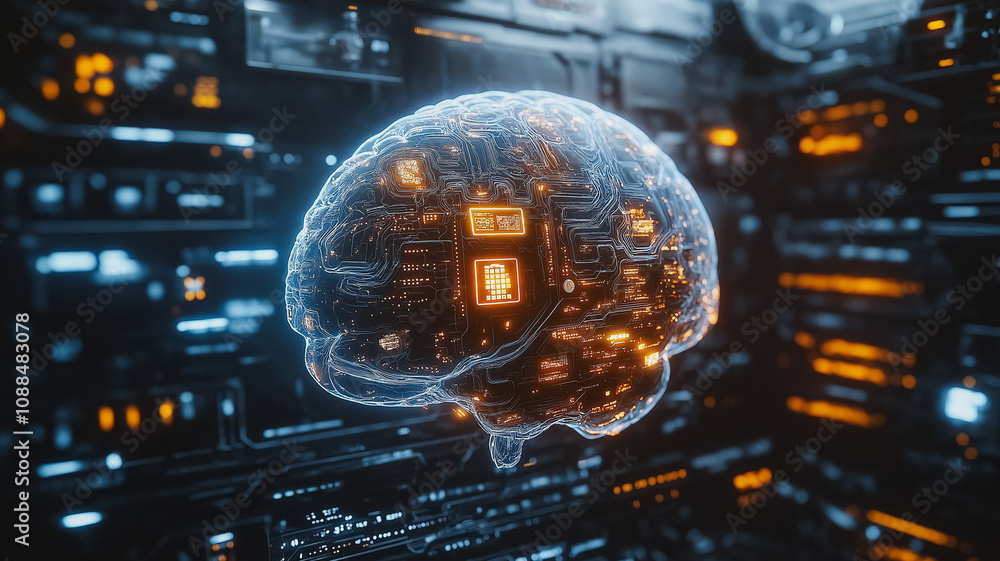 Poster a computer brain with a small computer chip inside of it. the brain is surrounded by a lot of wires 