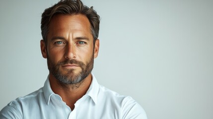 Obraz premium Full-length portrait of a confident businessman in a white shirt, isolated against a white background.